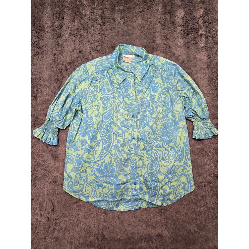 Finley Womens Blue Lime Paisley Smocked Cuff‎  Blouse Size M Made in USA